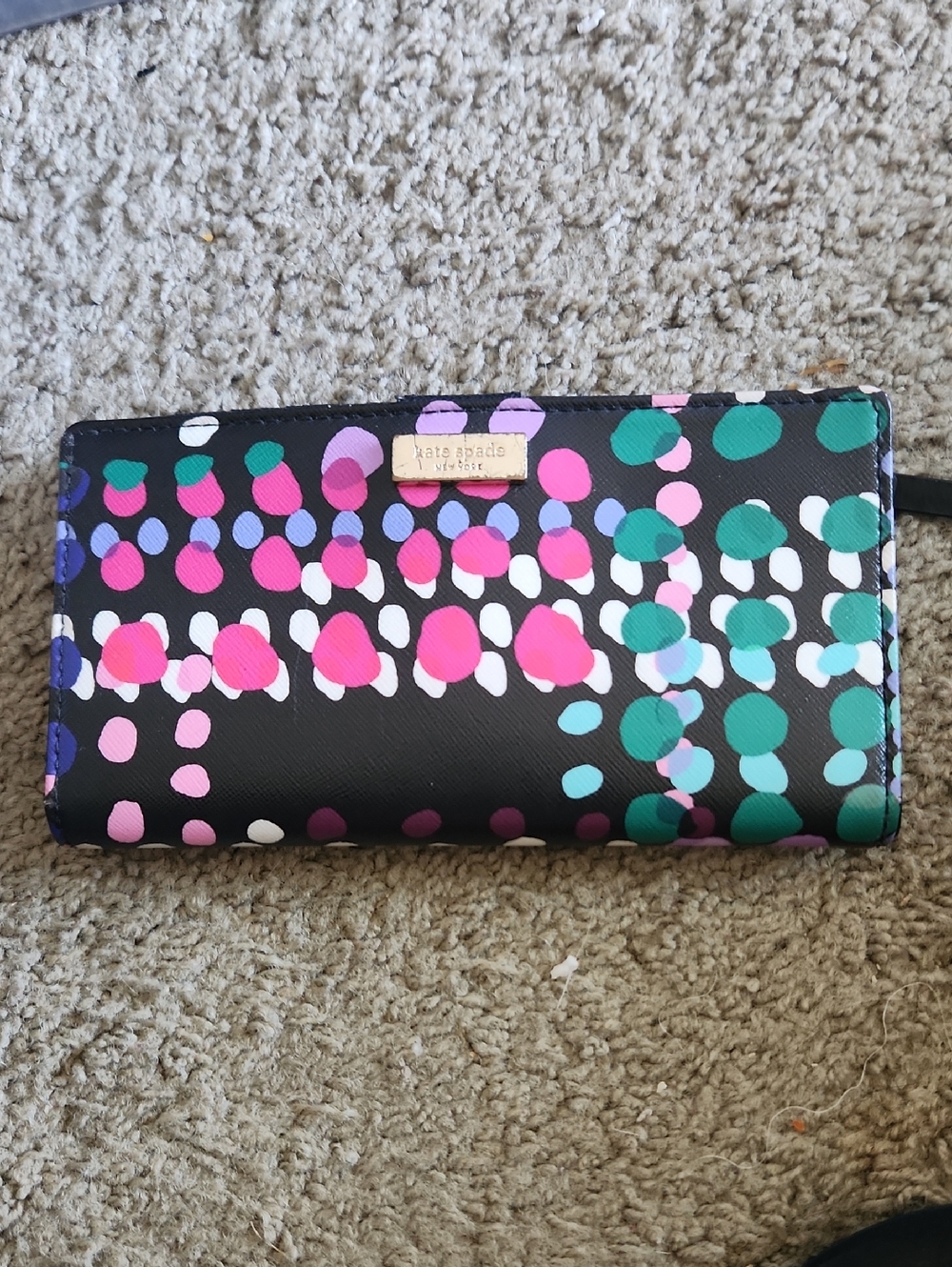 kate spade black wallet with multicolor dot print W/COA